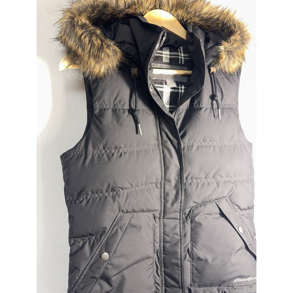 Eddie Bauer Down Puffer Vest Women’s Medium Black Faux Fur Hood Plaid Lined - Picture 2 of 10